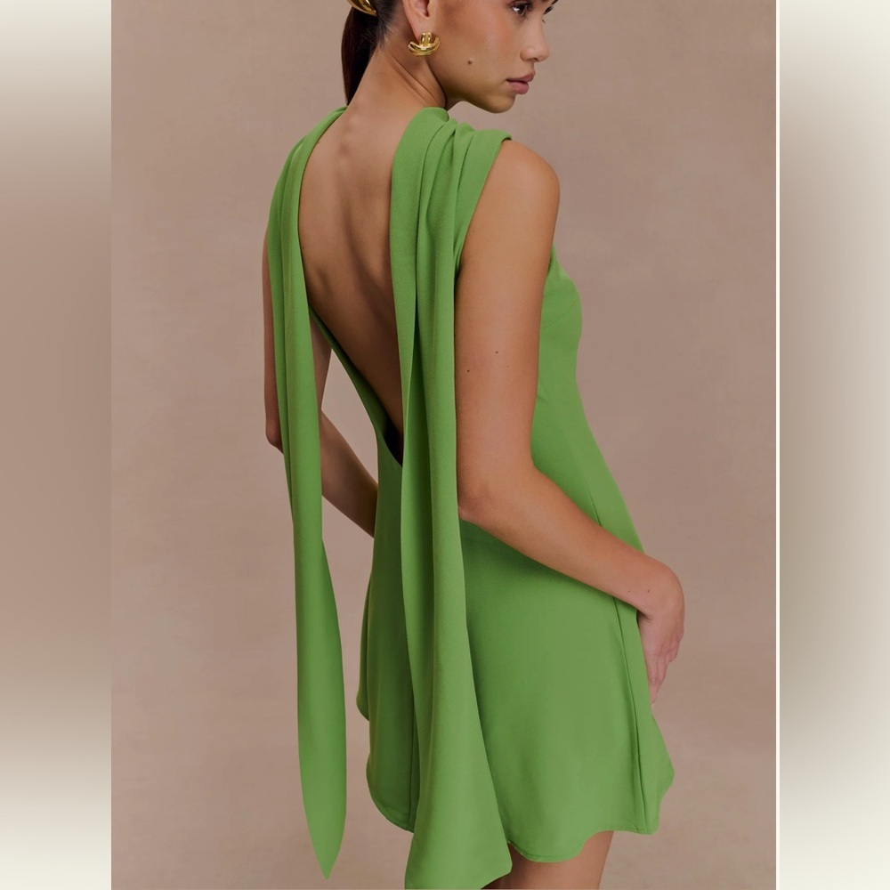 Green Open-Back Mini Dress with Draped Ties
